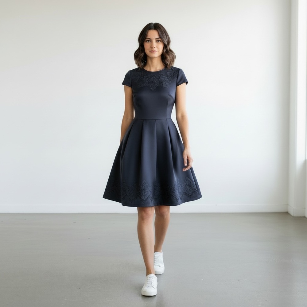 Ted Baker Cheskka Navy Skater Dress Embroidered Scallop Hem Fit & Flare 1